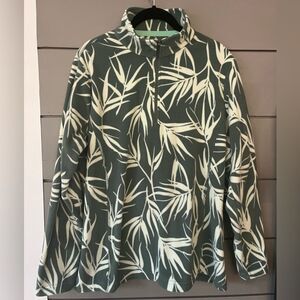 Lands End Womens 1/4 Zip Fleece Pullover Green Leaves Print Long Slv L‎ 14-16